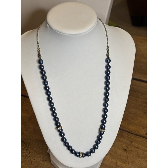 Vintage Blue Faux Pearl Necklace With Rhinestone Accents & Adjustable Hook Clasp - Picture 10 of 10